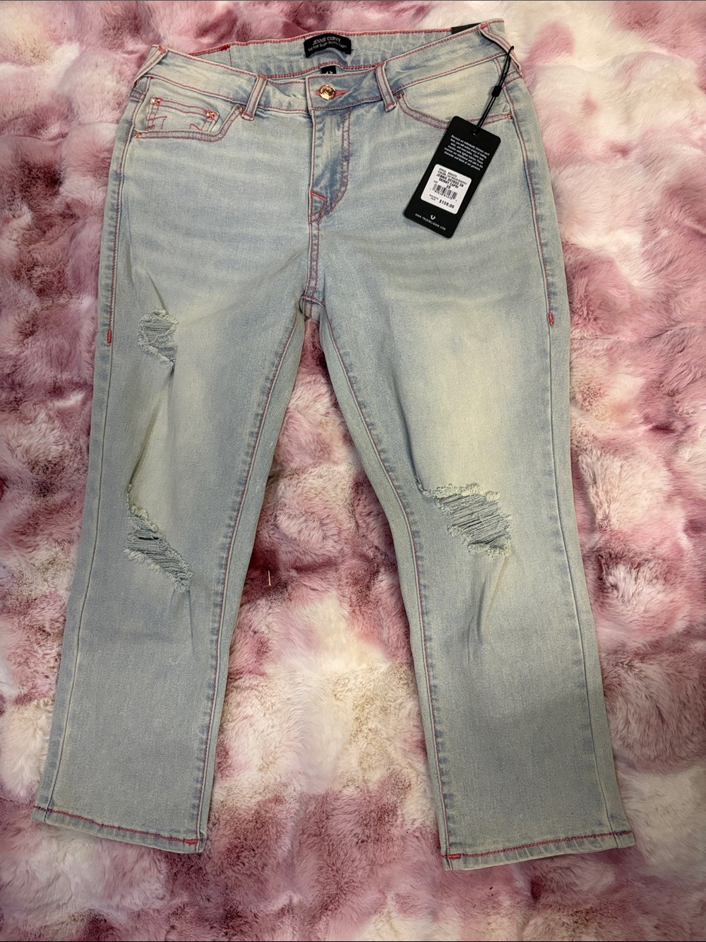 True Religion Light Blue Cropped Distressed Jeans with Pink Stitching
